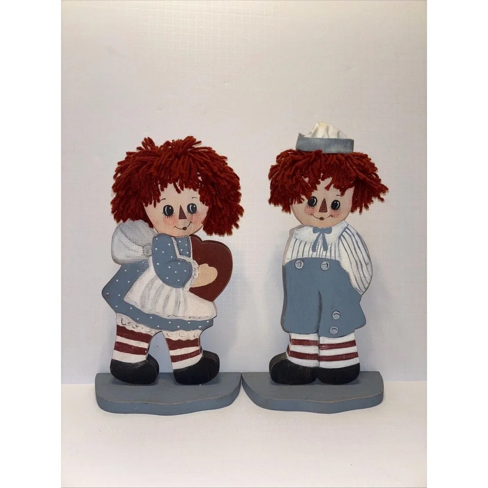 Large Raggedy Ann & Andy Wood Figures Hand Painted Yarn Hair Country Decor 14